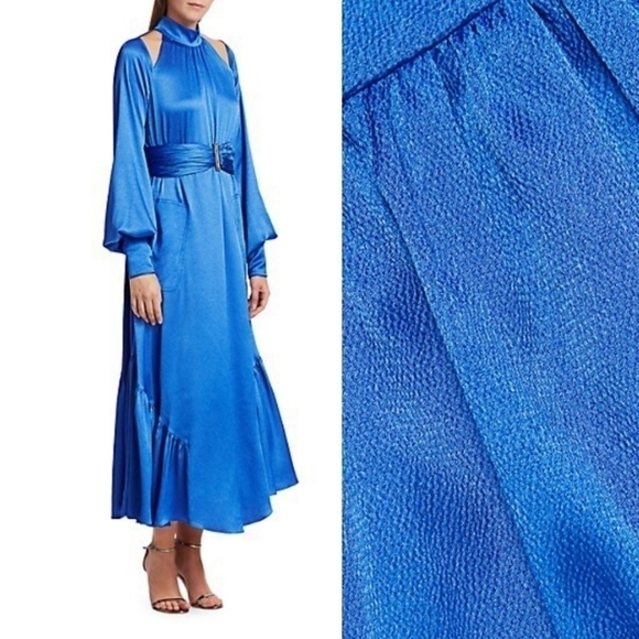 New Alexis Calypsa Satin Long-Sleeve Flare Azure Blue Dress NWT Size M (4- 6 US) - Picture 6 of 16
